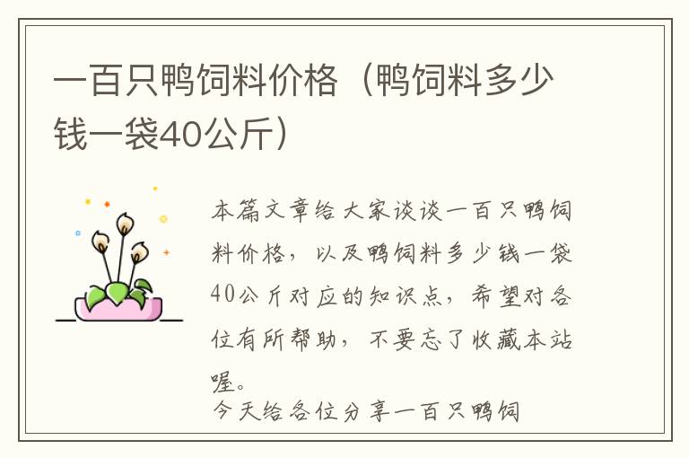 一百只鸭饲料价格（鸭饲料多少钱一袋40公斤）